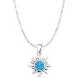 Round Lab Created Blue Opal Sun Pendant Oxidized Bead Chain Necklace 925 Sterling Silver
