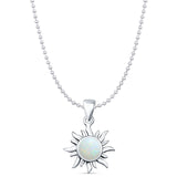 Round Lab Created White Opal Sun Pendant Oxidized Bead Chain Necklace 925 Sterling Silver