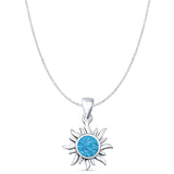 Round Lab Created Blue Opal Sun Pendant Oxidized Cable Chain Necklace 925 Sterling Silver
