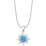 Round Lab Created Blue Opal Sun Pendant Oxidized Rope Chain Necklace 925 Sterling Silver