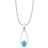 Oval Lab Created Blue Opal Drop Dangle Pendant Oxidized Rope Chain Necklace 925 Sterling Silver