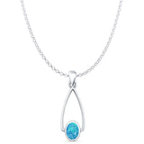 Oval Lab Created Blue Opal Drop Dangle Pendant Oxidized Rolo Chain Necklace 925 Sterling Silver