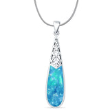Lab Created Blue Opal Pear Dangle Drop Pendant Oxidized Snake Chain Necklace 925 Sterling Silver