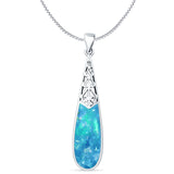 Lab Created Blue Opal Pear Dangle Drop Pendant Oxidized Box Chain Necklace 925 Sterling Silver