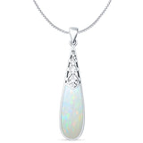 Lab Created White Opal Pear Dangle Drop Pendant Oxidized Box Chain Necklace 925 Sterling Silver