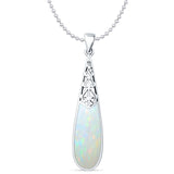 Lab Created White Opal Pear Dangle Drop Pendant Oxidized Bead Chain Necklace 925 Sterling Silver