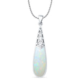 Lab Created White Opal Pear Dangle Drop Pendant Oxidized Rope Chain Necklace 925 Sterling Silver