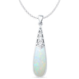 Lab Created White Opal Pear Dangle Drop Pendant Oxidized Rolo Chain Necklace 925 Sterling Silver