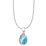 Pear Lab Created Blue Opal Filigree Pendant Oxidized Snake Chain Necklace 925 Sterling Silver