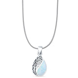 Pear Lab Created White Opal Filigree Pendant Oxidized Snake Chain Necklace 925 Sterling Silver