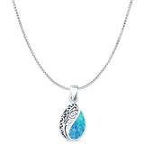 Pear Lab Created Blue Opal Filigree Pendant Oxidized Box Chain Necklace 925 Sterling Silver