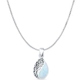 Pear Lab Created White Opal Filigree Pendant Oxidized Box Chain Necklace 925 Sterling Silver
