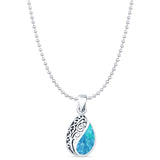 Pear Lab Created Blue Opal Filigree Pendant Oxidized Bead Chain Necklace 925 Sterling Silver