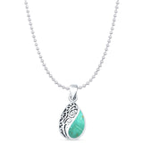 Pear Turquoise Filigree Pendant Oxidized Bead Chain Necklace 925 Sterling Silver