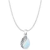Pear Lab Created White Opal Filigree Pendant Oxidized Bead Chain Necklace 925 Sterling Silver