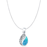 Pear Lab Created Blue Opal Filigree Pendant Oxidized Cable Chain Necklace 925 Sterling Silver