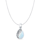 Pear Lab Created White Opal Filigree Pendant Oxidized Cable Chain Necklace 925 Sterling Silver
