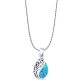 Pear Lab Created Blue Opal Filigree Pendant Oxidized Rope Chain Necklace 925 Sterling Silver
