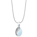 Pear Lab Created White Opal Filigree Pendant Oxidized Rope Chain Necklace 925 Sterling Silver