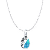 Pear Lab Created Blue Opal Filigree Pendant Oxidized Rolo Chain Necklace 925 Sterling Silver