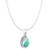 Pear Turquoise Filigree Pendant Oxidized Rolo Chain Necklace 925 Sterling Silver