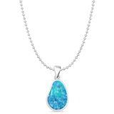 Pear Lab Created Blue Opal Solitaire Pendant Bead Chain Necklace 925 Sterling Silver