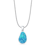 Pear Lab Created Blue Opal Solitaire Pendant Rope Chain Necklace 925 Sterling Silver