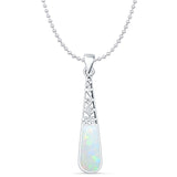 Pear Lab Created White Opal Filigree Pendant Oxidized Bead Chain Necklace 925 Sterling Silver