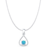 Round Lab Created Blue Opal Oxidized Teardrop Pendant Rolo Chain Necklace 925 Sterling Silver