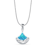 Lab Created Blue Opal Greek Key Pendant Rope Chain Necklace 925 Sterling Silver