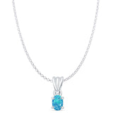 Petite Oval Lab Created Blue Opal Pendant Oxidized Rolo Chain Necklace 925 Sterling Silver