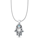 Lab Created Blue Opal Hamsa & Star Of David Pendant Snake Chain Necklace Oxidized 925 Sterling Silver