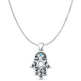 Lab Created Blue Opal Hamsa & Star Of David Pendant Box Chain Necklace Oxidized 925 Sterling Silver