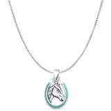 Turquoise Horse & Horseshoe Pendant Box Chain Necklace Oxidized 925 Sterling Silver