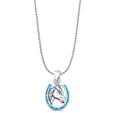Lab Created Blue Opal Horse & Horseshoe Pendant Rope Chain Necklace Oxidized 925 Sterling Silver