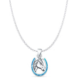 Lab Created Blue Opal Horse & Horseshoe Pendant Rolo Chain Necklace Oxidized 925 Sterling Silver