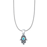 Lab Created Blue Opal Hand Of Hamsa Pendant Snake Chain Necklace Oxidized 925 Sterling Silver