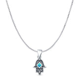 Lab Created Blue Opal Hand Of Hamsa Pendant Box Chain Necklace Oxidized 925 Sterling Silver