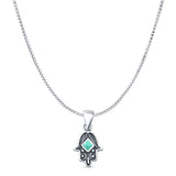 Turquoise Hand Of Hamsa Pendant Box Chain Necklace Oxidized 925 Sterling Silver