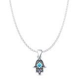 Lab Created Blue Opal Hand Of Hamsa Pendant Rolo Chain Necklace Oxidized 925 Sterling Silver