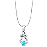 Oval Lab Created Blue Opal Filigree Pendant Rope Chain Necklace Oxidized 925 Sterling Silver