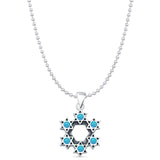Round Lab Created Blue Opal Stars Pendant Bead Chain Necklace Oxidized 925 Sterling Silver