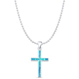 Lab Created Blue Opal Cross Pendant Bead Chain Necklace 925 Sterling Silver