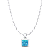 Lab Created Blue Opal Square Pendant Bead Chain Necklace 925 Sterling Silver