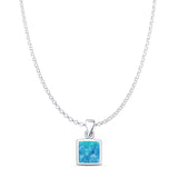 Lab Created Blue Opal Square Pendant Rolo Chain Necklace 925 Sterling Silver