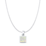 Lab Created White Opal Square Pendant Rolo Chain Necklace 925 Sterling Silver