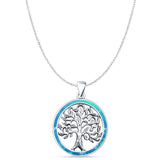 Lab Created Blue Opal Tree Of Life Pendant Cable Chain Necklace Oxidized 925 Sterling Silver