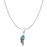 Round Lab Created Blue Opal Feather Pendant Box Chain Necklace Oxidized 925 Sterling Silver
