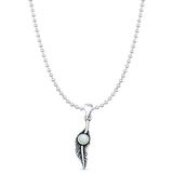 Round Lab Created White Opal Feather Pendant Bead Chain Necklace Oxidized 925 Sterling Silver