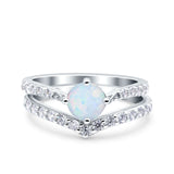 Two Piece Round Lab Created White Opal Chevron Rings 925 Sterling Silver